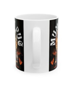 a white mug with a black and white design