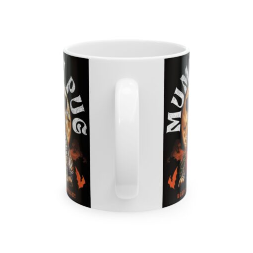 a white mug with a black and white design