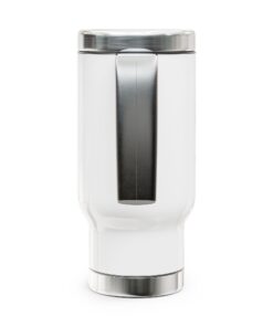 white stainless steel travel mug with handle and lid