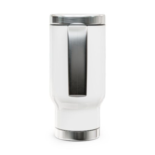 white stainless steel travel mug with handle and lid