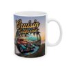 a white coffee mug with a picture of a car on it