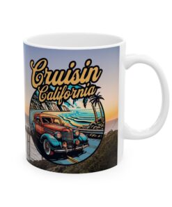 a white coffee mug with a picture of a car on it