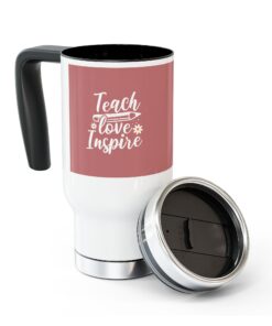 White Stainless Steel Travel Mug with the words Teach, Love, Inspire with Pencil and Daisies Design