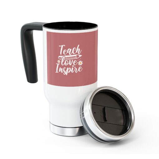 White Stainless Steel Travel Mug with the words Teach, Love, Inspire with Pencil and Daisies Design