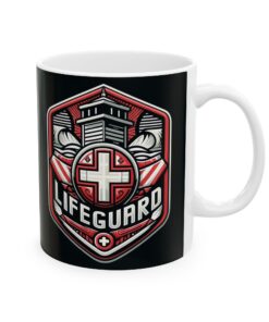 a mug with a graphic lifeguard design on it