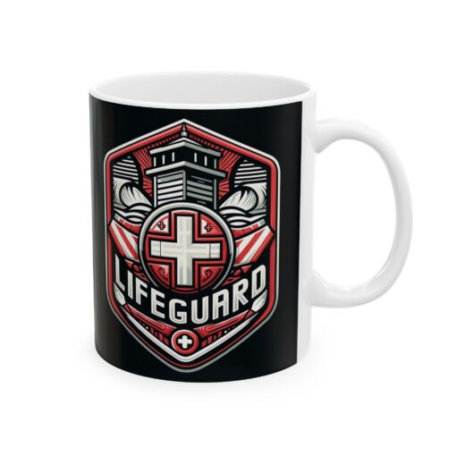 a mug with a graphic lifeguard design on it