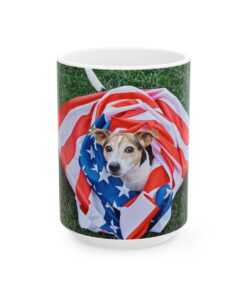 a mug with a dog wrapped in a american flag