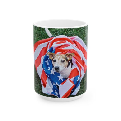 a mug with a dog wrapped in a american flag