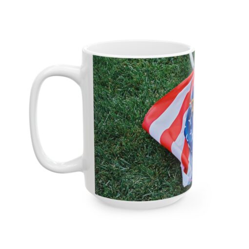 a mug with a dog wrapped in a american flag