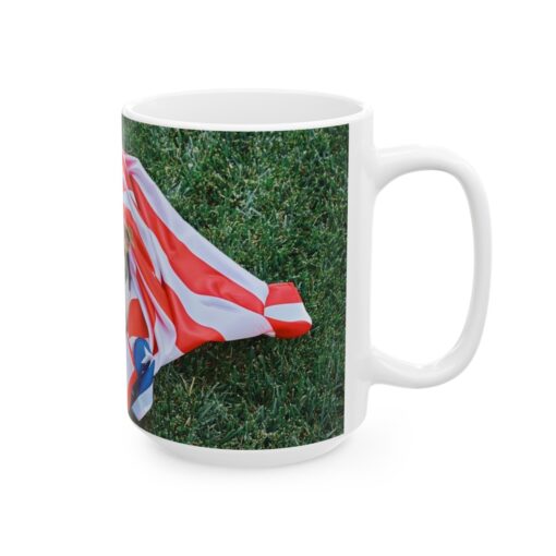 a mug with a dog wrapped in a american flag