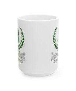 White ceramic mug with a green ribbon, laurel wreath, and the text 