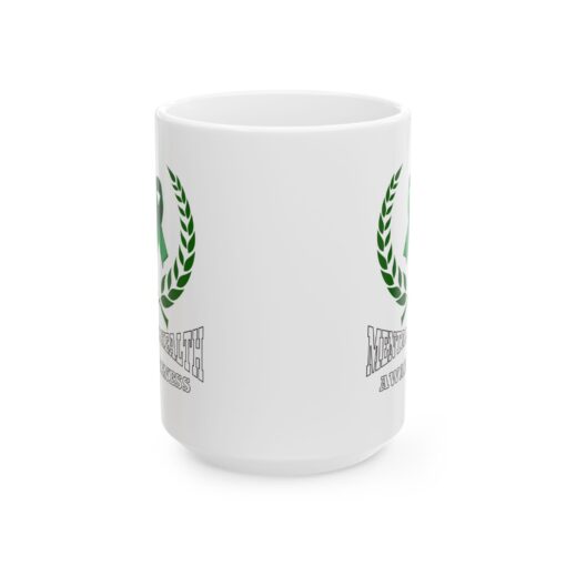 White ceramic mug with a green ribbon, laurel wreath, and the text "Mental Health Awareness."