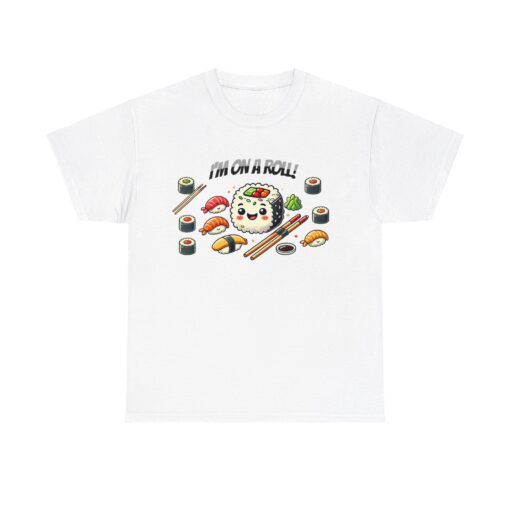 Unisex Heavy Cotton Tees with a sushi roll graphic.