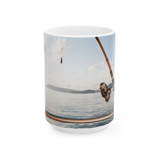 a mug with a picture of a man fishing on it