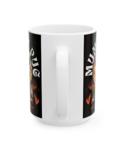 a white mug with black and orange designs