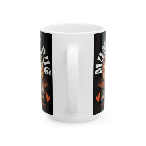 a white mug with black and orange designs