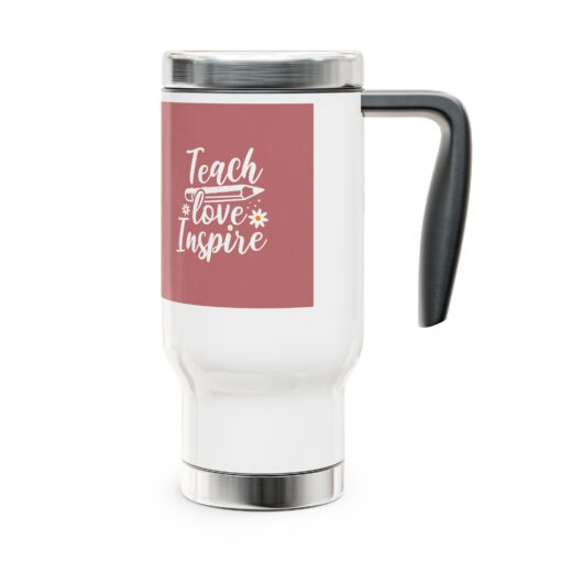 White Stainless Steel Travel Mug with the words Teach, Love, Inspire with Pencil and Daisies Design