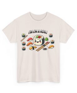 Unisex Heavy Cotton Tees with a sushi roll graphic.