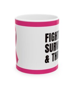 Pink ribbon ceramic mug with floral design, in support of breast cancer awareness