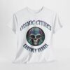 Grey t-shirt with colorful alien head design and 'Cosmic Citizen' and 'Earthly Vessel' text.