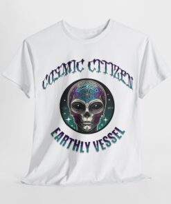 Grey t-shirt with colorful alien head design and 'Cosmic Citizen' and 'Earthly Vessel' text.