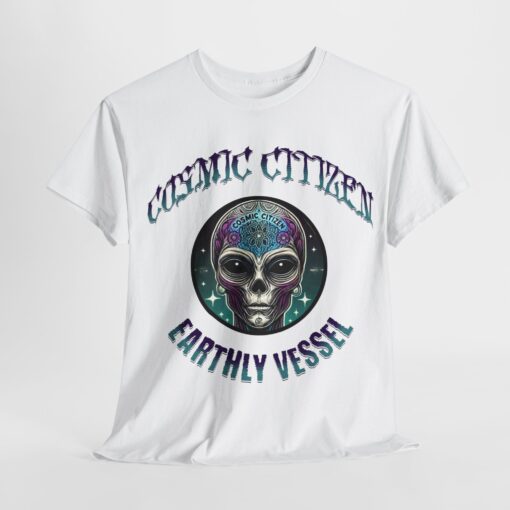 Grey t-shirt with colorful alien head design and 'Cosmic Citizen' and 'Earthly Vessel' text.