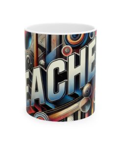 Colorful Mug with abstract design and the word "TEACHER" cover by various educational icons and shapes.