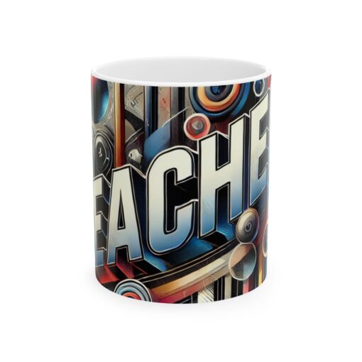 Colorful Mug with abstract design and the word "TEACHER" cover by various educational icons and shapes.