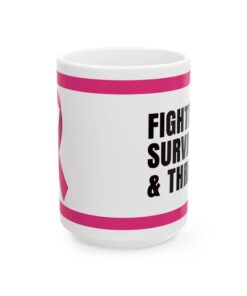 Pink ribbon ceramic mug with floral design, in support of breast cancer awareness