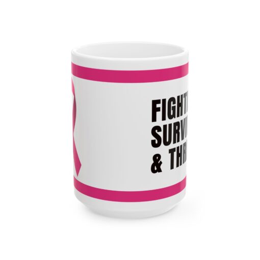 Pink ribbon ceramic mug with floral design, in support of breast cancer awareness