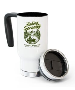 Stainless Steel Travel Mug with lid and handle featuring Fishing Serenity - The Quiet Adventure - Peace, Love, Fishing