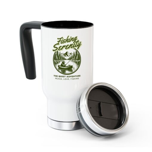 Stainless Steel Travel Mug with lid and handle featuring Fishing Serenity - The Quiet Adventure - Peace, Love, Fishing