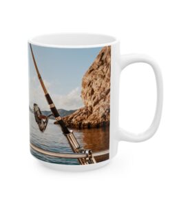 a coffee mug with a fishing pole