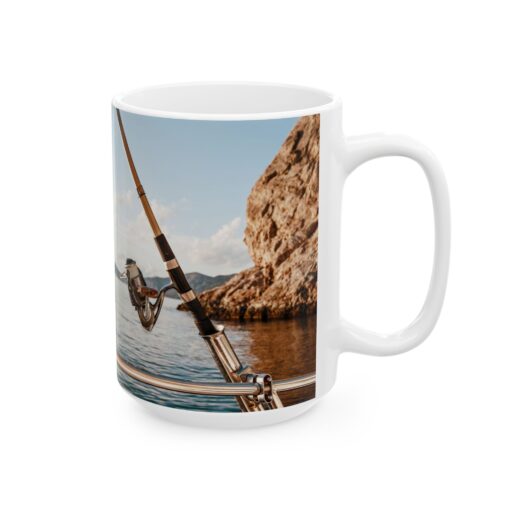 a coffee mug with a fishing pole