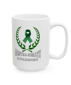 White ceramic mug with a green ribbon, laurel wreath, and the text 