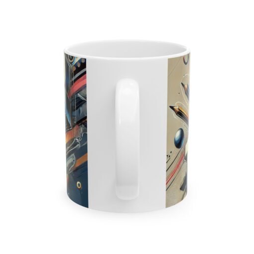 Colorful Mug with abstract design and the word "TEACHER" cover by various educational icons and shapes.