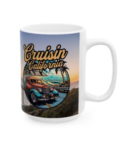 a coffee mug with a picture of a classic car on it