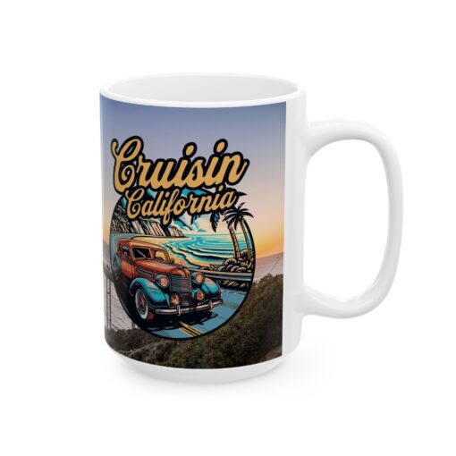 a coffee mug with a picture of a classic car on it