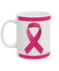 Pink ribbon ceramic mug with floral design, in support of breast cancer awareness