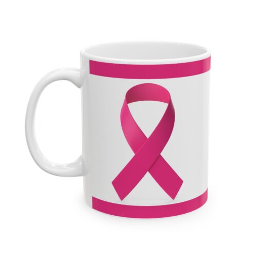 Pink ribbon ceramic mug with floral design, in support of breast cancer awareness