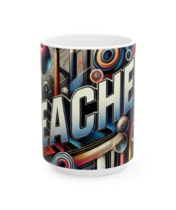 Colorful Mug with abstract design and the word 