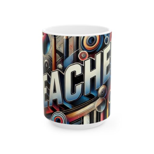 Colorful Mug with abstract design and the word "TEACHER" cover by various educational icons and shapes.