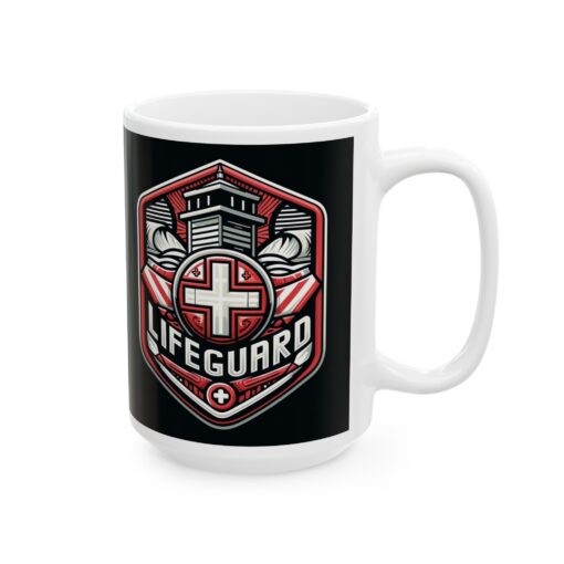 a mug with a lifeguard logo on it