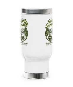 Stainless Steel Travel Mug with Handle featuring Fishing Serenity - The Quiet Adventure - Peace, Love, Fishing