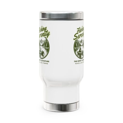 Stainless Steel Travel Mug with Handle featuring Fishing Serenity - The Quiet Adventure - Peace, Love, Fishing