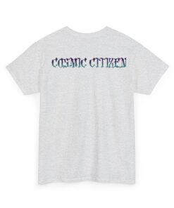 Grey t-shirt with colorful alien head design and 'Cosmic Citizen' and 'Earthly Vessel' text.