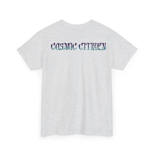 Grey t-shirt with colorful alien head design and 'Cosmic Citizen' and 'Earthly Vessel' text.