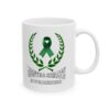 White ceramic mug with a green ribbon, laurel wreath, and the text "Mental Health Awareness."