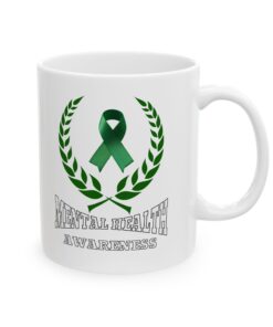 White ceramic mug with a green ribbon, laurel wreath, and the text "Mental Health Awareness."