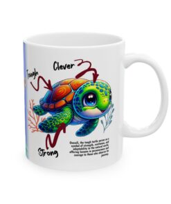 a white mug with a cartoon turtle